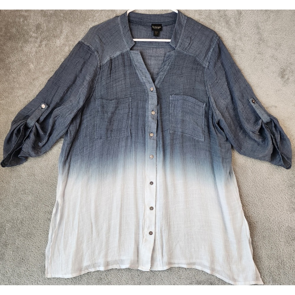 Lavanya Woman Shirt Womens 3X Blue White Ombre Gauze Roll-Tab Tunic Blouse